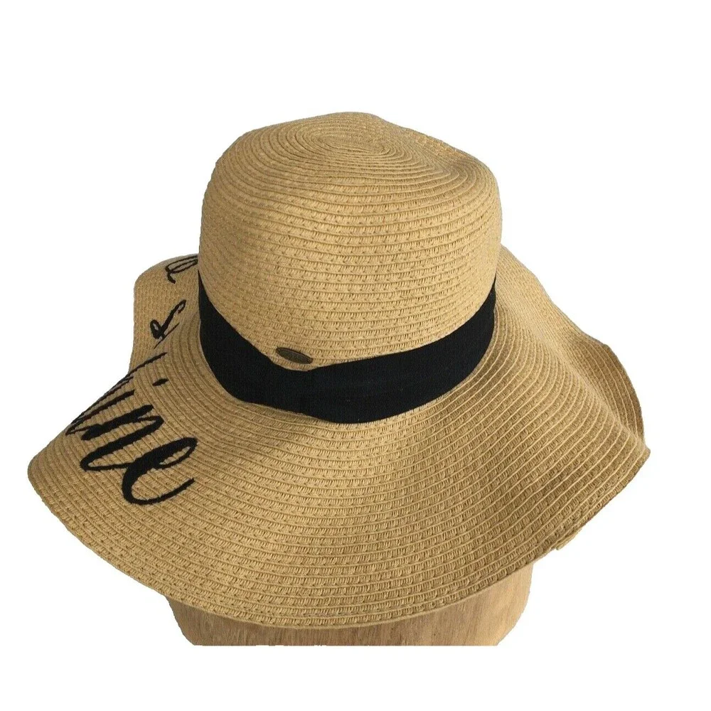 NEW Sun Hat CC Creations Beach Straw Embroidered 